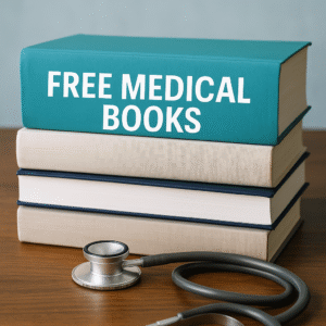 Stack of free medical books with stethoscope on wooden table
